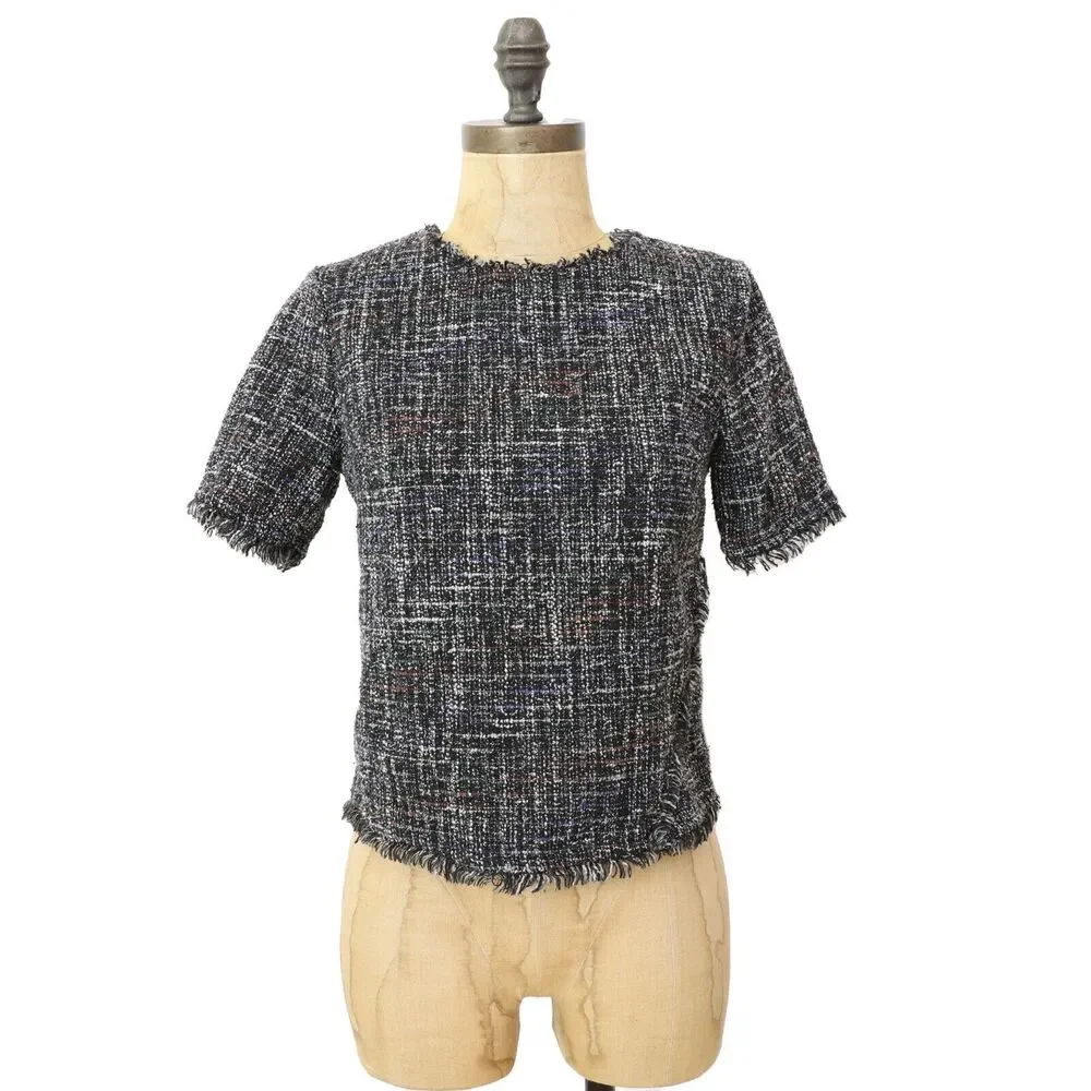 GREYLIN Tati Tweed Fringe Top XS Black Short Sleeve Crewneck Button Back EUC B32